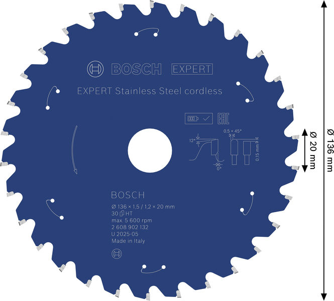 BOSCH EXPERT Stainless Steel Kreissägeblatt, 136x20 mm, Z30