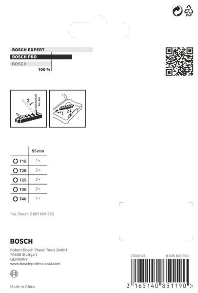 BOSCH PRO Torx Impact Bit Set, T15; T20(x2); T25(x2); T30(x2); T40, 55 mm, 8-tlg.
