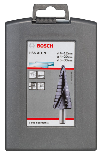 BOSCH HSS-AlTiN-Stufenbohrerset, 3-tlg., 4-12/4-20/6-30 BOSCH HSS-AlTiN-Stufenbohrerset, 3-tlg., 4-12/4-20/6-30