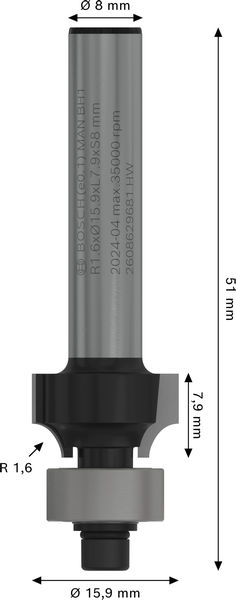BOSCH PRO Abrundfräser, R 1,6, Schaft 8 mm