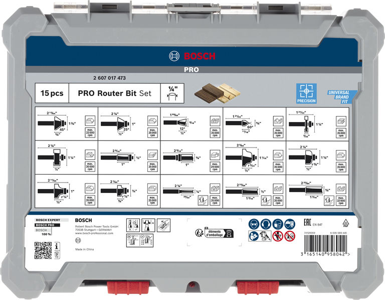BOSCH PRO Fräsersatz gemischt, Schaft 1/4", 15-tlg