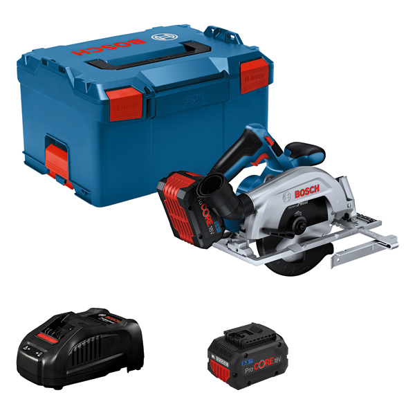 BOSCH Akku-Handkreissäge GKS 18V-57-2, 2 x ProCore 5.5 Ah + GAL 1880 CV in L-BOXX