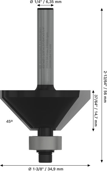 BOSCH PRO Fasefräser, 45°, Schaft 1/4"