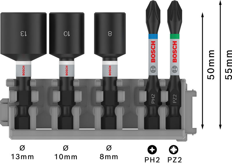 BOSCH PRO Impact Set mit Steckschlüsseln, PH2x50, PZ2x50, NS8x50, NS10x50, NS13x50 mm