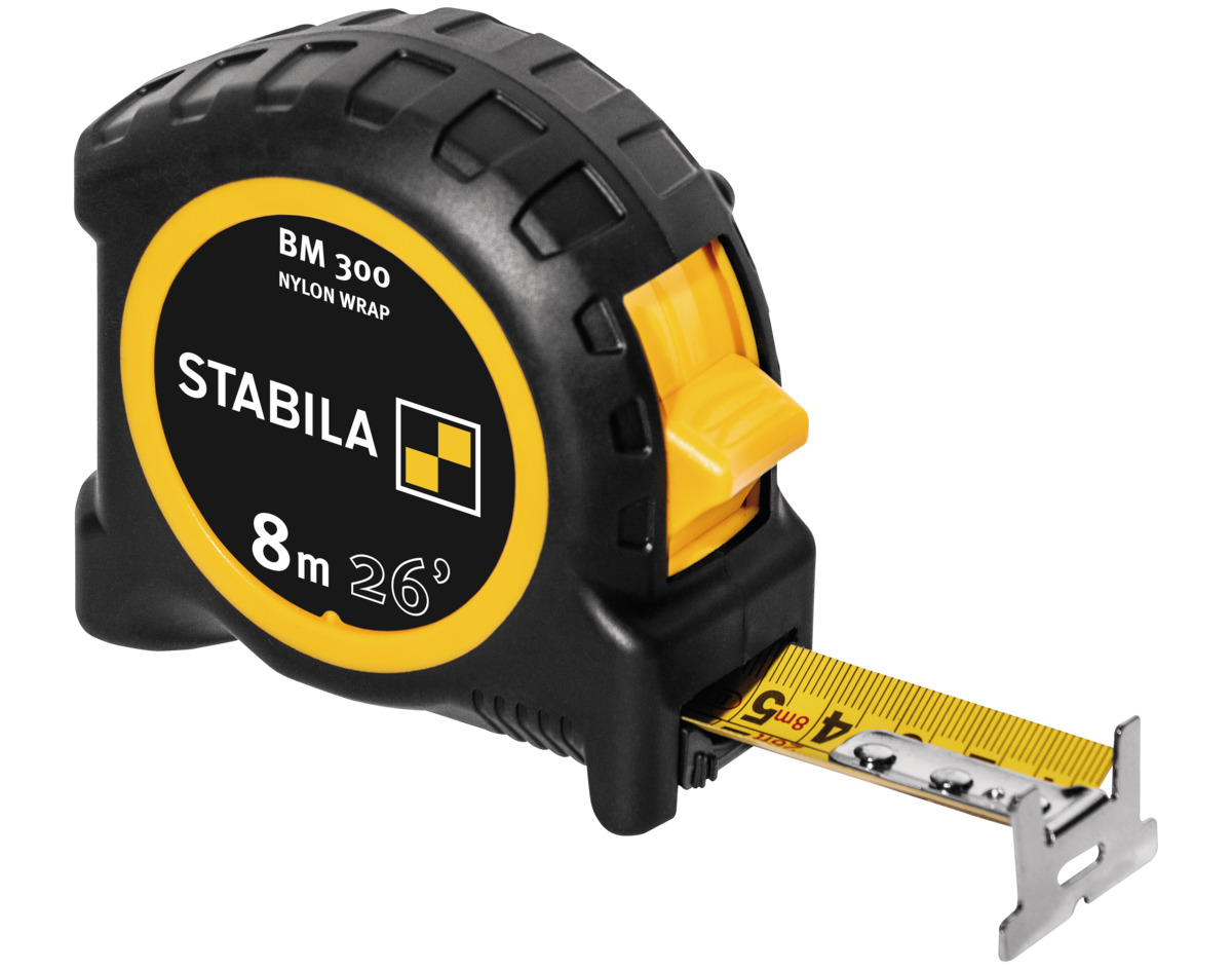 STABILA Taschenbandmaß BM 300, 8 m (26'), Maßband mit doppelseitiger cm/inch-Skala, bruchsicheres PC/ABS-Gehäuse, SPIKES-Haken, Stahlband mit NYLON-WRAP-Ummantelung, Gürtel-Clip, MID-Genauigkeit