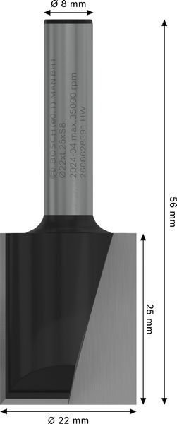BOSCH PRO Nutfräser, zweischneidig, Ø 22 x L 24,6, Schaft 8 mm