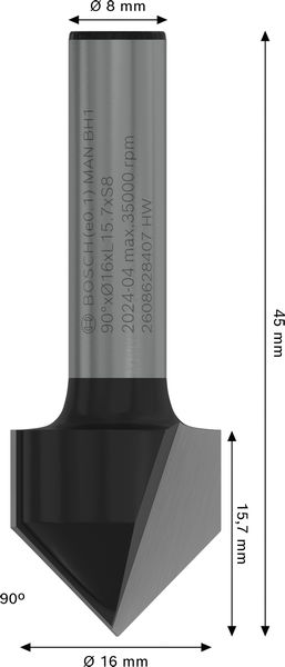 BOSCH PRO V-Nutfräser, 90° x Ø 16, Schaft 8 mm