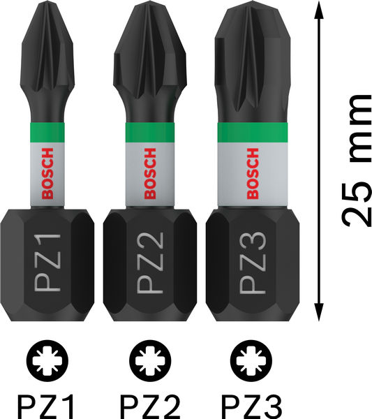 BOSCH PRO PZ Impact Bit Set, 25 mm, 3-tlg