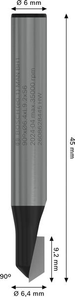 BOSCH PRO V-Nutfräser, 90° x Ø 6,4, Schaft 6 mm BOSCH PRO V-Nutfräser, 90° x Ø 6,4, Schaft 6 mm