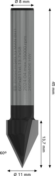 BOSCH PRO V-Nutfräser, 60° x Ø 11, Schaft 8 mm BOSCH PRO V-Nutfräser, 60° x Ø 11, Schaft 8 mm