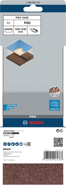 BOSCH PRO X440 Schleifband, 100 x 620 mm, G60, 3-tlg. BOSCH PRO X440 Schleifband, 100 x 620 mm, G60, 3-tlg.