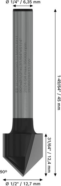 BOSCH PRO V-Nutfräser, 90° x Ø 1/2“, Schaft 1/4“