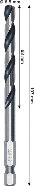 BOSCH Metal HSS Spiralbohrer, 6,5 x 63 x 107 mm, HEX 1/4“ Schaft