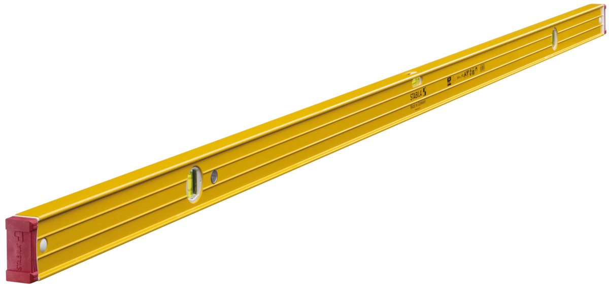 STABILA Magnet-Wasserwaage Type 96-2 M, 200 cm, extrasteifes Alu-Profil, extrastarke Seltenerd-Magnete, 1 Horizontal-/2 Vertikal-Libellen, stoßdämpfende Endkappen, Rutsch-Stopper, Made in Germany