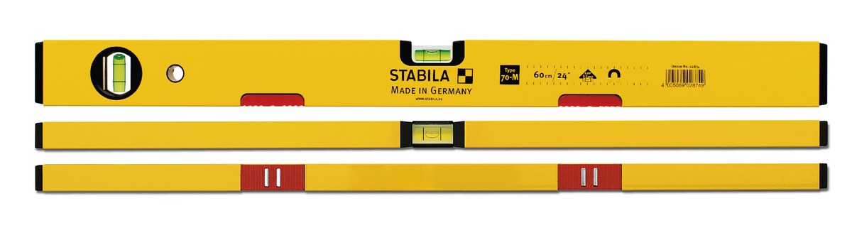 STABILA Magnet-Wasserwaage Type 70 M, 200 cm, leichtes Alu-Profil, starkes Seltenerd-Magnetsystem, 1 Horizontal-Libelle, 1 Vertikal-Libelle, Made in Germany