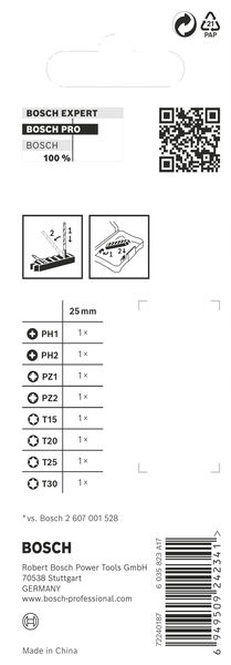 BOSCH PRO Impact Schrauberbit Set, PH1/PH2/PZ1/PZ2/T15/T20/T25/T30, 25 mm, 8-tlg.