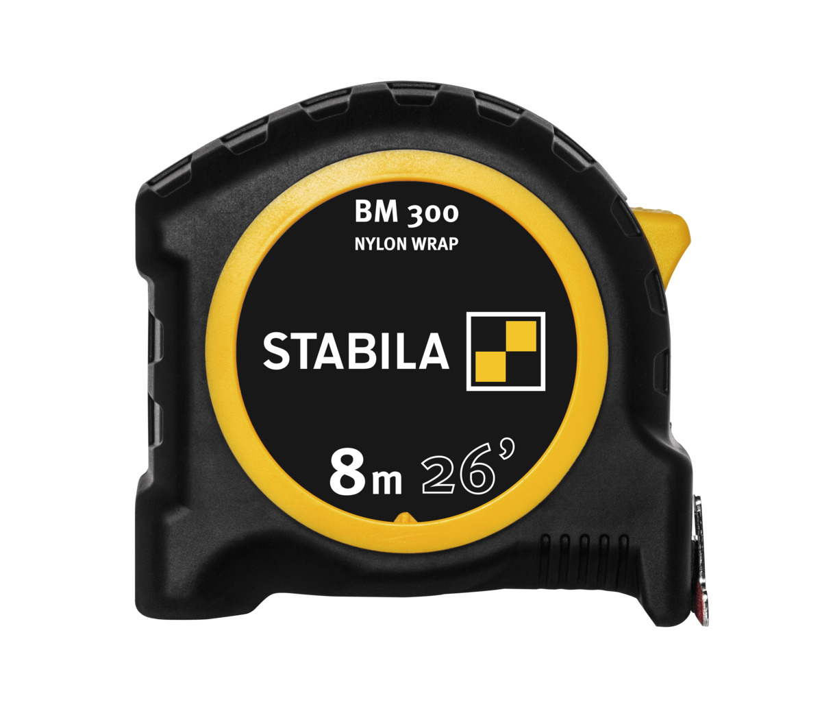STABILA Taschenbandmaß BM 300, 8 m (26'), Maßband mit doppelseitiger cm/inch-Skala, bruchsicheres PC/ABS-Gehäuse, SPIKES-Haken, Stahlband mit NYLON-WRAP-Ummantelung, Gürtel-Clip, MID-Genauigkeit