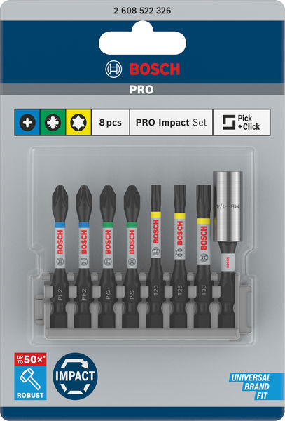BOSCH PRO Impact Set mit Standard-Bithalter und Pick and Click-Index, 8-tlg. BOSCH PRO Impact Set mit Standard-Bithalter und Pick and Click-Index, 8-tlg.