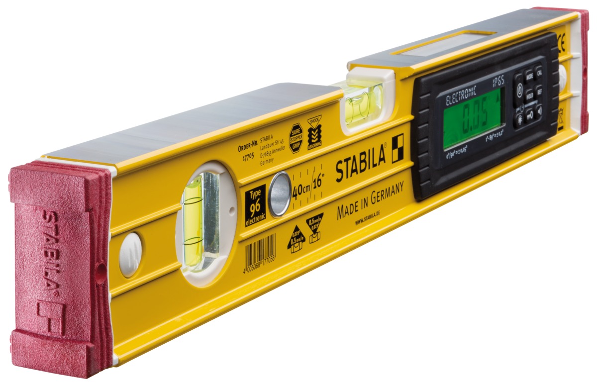 STABILA Elektronische Wasserwaage TECH 196, 40 cm, 2 Digital-Displays, Messbereich: 0° – 360° (4 x 90°), Anzeige-Modi: °, %, mm/m, in/ft, Schutzklasse IP 65, Wasserwaagen-Tasche STABILA Elektronische Wasserwaage TECH 196, 40 cm, 2 Digital-Displays, Messbereich: 0° – 360° (4 x 90°), Anzeige-Modi: °, %, mm/m, in/ft, Schutzklasse IP 65, Wasserwaagen-Tasche