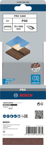 BOSCH PRO X440 Schleifband, 75 x 508 mm, G40, 3-tlg.