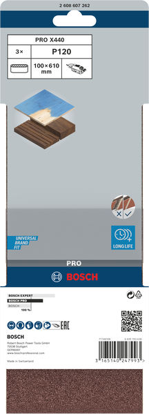 BOSCH PRO X440 Schleifband, 100 x 610 mm, 120, 3-tlg. BOSCH PRO X440 Schleifband, 100 x 610 mm, 120, 3-tlg.