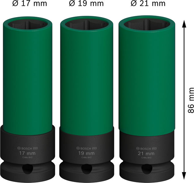 BOSCH PRO Impact Steckschlüssel-Set mit PET-Abdeckungen, 1/2", extra tief, 3-tlg BOSCH PRO Impact Steckschlüssel-Set mit PET-Abdeckungen, 1/2", extra tief, 3-tlg
