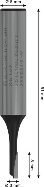 BOSCH PRO Nutfräser, einschneidig, Ø 3 x L 8, Schaft 8 mm