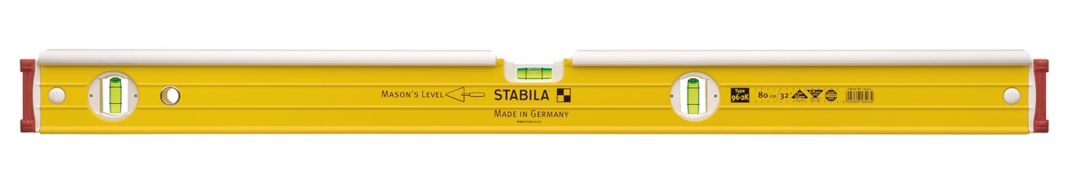 STABILA Maurer-Wasserwaage Type 96-2 K, 81 cm, integrierter Klopfschutz, extrasteifes Alu-Profil, 1 Horizontal-/2 Vertikal-Libellen, stoßdämpfende Endkappen, Made in Germany STABILA Maurer-Wasserwaage Type 96-2 K, 81 cm, integrierter Klopfschutz, extrasteifes Alu-Profil, 1 Horizontal-/2 Vertikal-Libellen, stoßdämpfende Endkappen, Made in Germany