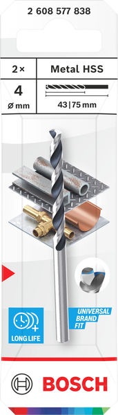 BOSCH Metal HSS Spiralbohrer, 4 x 43 x 75 mm, CYL-Schaft, 2-teilig BOSCH Metal HSS Spiralbohrer, 4 x 43 x 75 mm, CYL-Schaft, 2-teilig