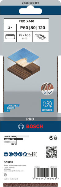 BOSCH PRO X440 Schleifband, 75 x 480 mm, G60, G80, G100, 3-tlg. BOSCH PRO X440 Schleifband, 75 x 480 mm, G60, G80, G100, 3-tlg.