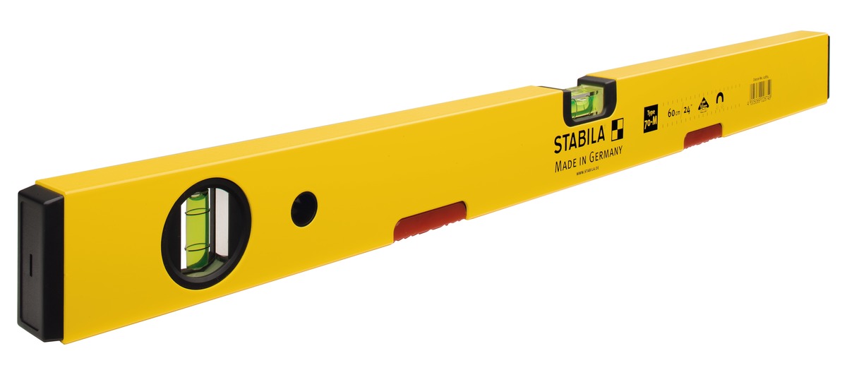 STABILA Magnet-Wasserwaage Type 70 M, 120 cm, leichtes Alu-Profil, starkes Seltenerd-Magnetsystem, 1 Horizontal-Libelle, 1 Vertikal-Libelle, Made in Germany
