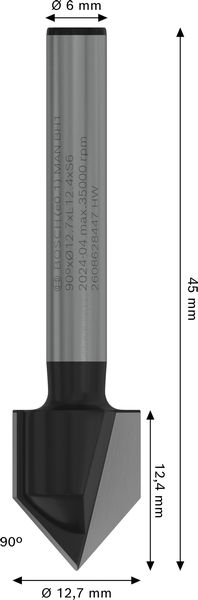 BOSCH PRO V-Nutfräser, 90° x Ø 12,7, Schaft 6 mm