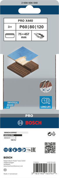 BOSCH PRO X440 Schleifband, 75 x 457 mm, G60, G80, G100, 3-tlg. BOSCH PRO X440 Schleifband, 75 x 457 mm, G60, G80, G100, 3-tlg.