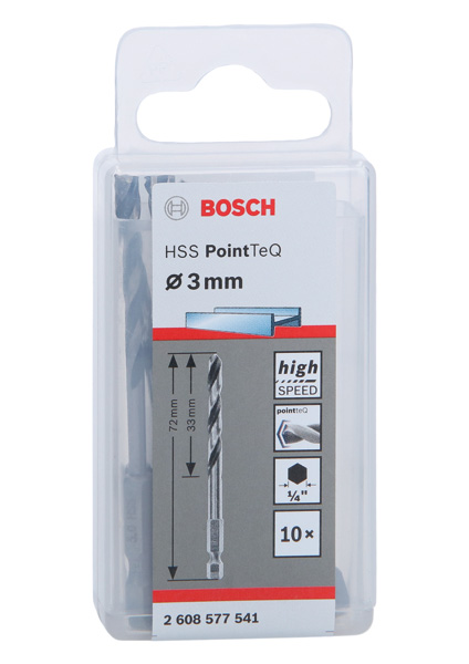 BOSCH HSS PointTeQ Sechskantbohrer 3 mm, 10er-Pack BOSCH HSS PointTeQ Sechskantbohrer 3 mm, 10er-Pack