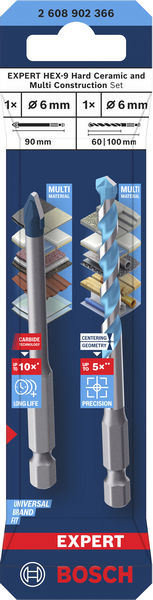 BOSCH EXPERT HEX-9 Hard Ceramic+EXPERT HEX-9 Multi Construction Bohrer-Set, 6mm, 2tlg.