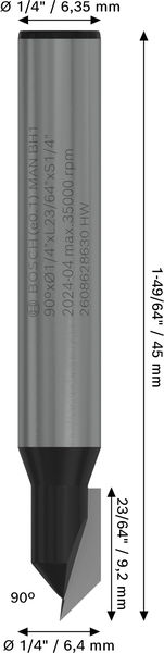 BOSCH PRO V-Nutfräser, 90° x Ø 1/4“, Schaft 1/4“