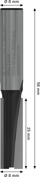 BOSCH PRO Nutfräser, zweischneidig, Ø 8 x L 25, Schaft 8 mm