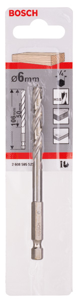 BOSCH Holzspiralbohrer mit 1/4-Zoll Sechskantschaft, 6 x 63 x 106 mm