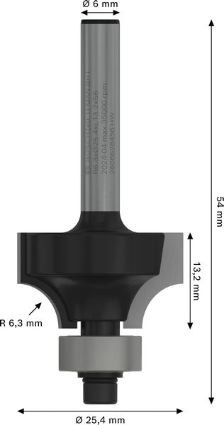 BOSCH PRO Abrundfräser, R 6,3, Schaft 6 mm