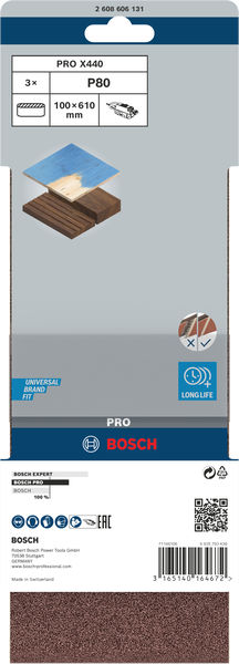 BOSCH PRO X440 Schleifband, 100 x 610 mm, 80, 3-tlg.