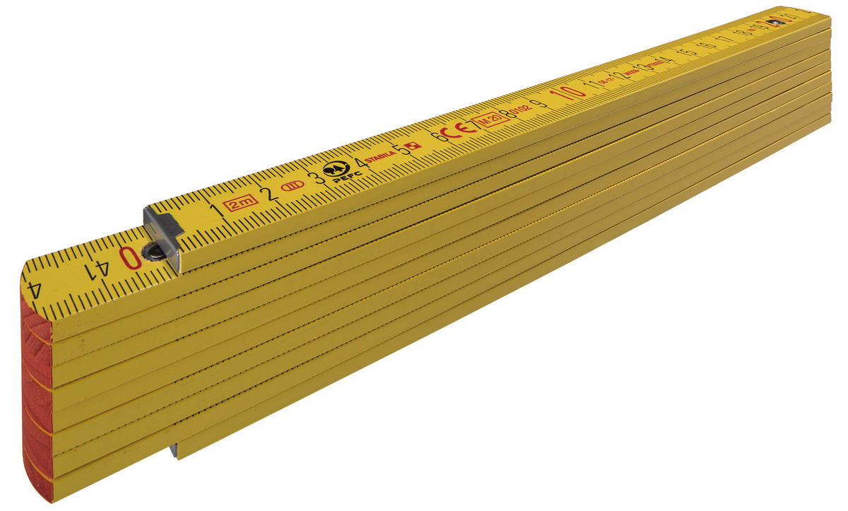 STABILA Zollstock Type 707, 2 m, gelb, metrische Skala, Winkelfunktion, Meterstab aus PEFC-zertifiziertem Holz, Polyamid-Gelenke