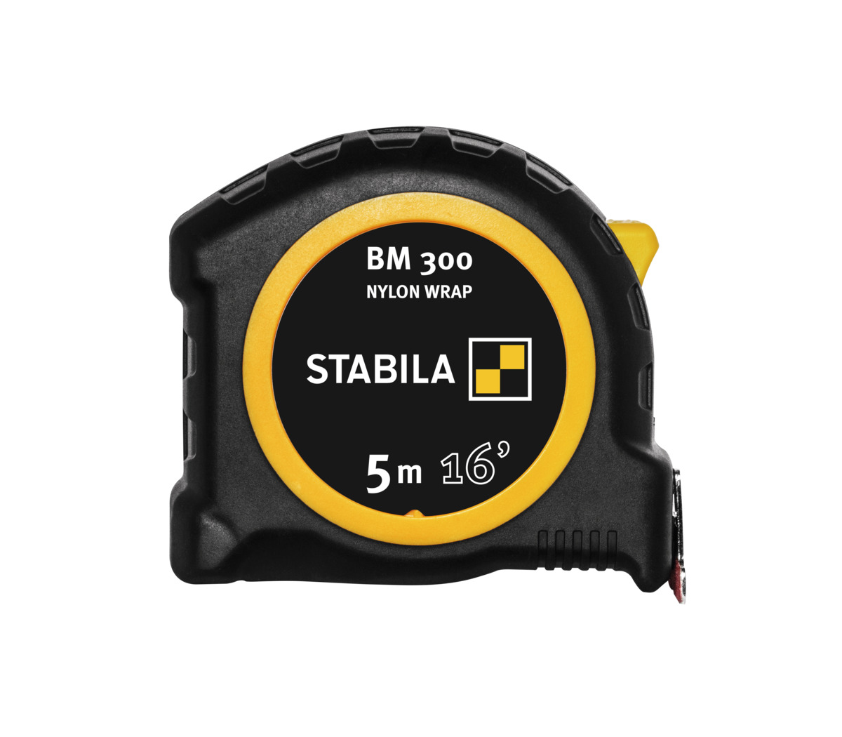 STABILA Taschenbandmaß BM 300, 5 m (16'), Maßband mit doppelseitiger cm/inch-Skala, bruchsicheres PC/ABS-Gehäuse, SPIKES-Haken, Stahlband mit NYLON-WRAP-Ummantelung, Gürtel-Clip, MID-Genauigkeit