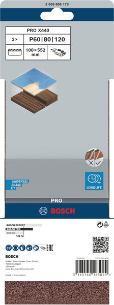 BOSCH PRO X440 Schleifband, 100 x 552 mm, G60, G80, G100, 3-tlg.