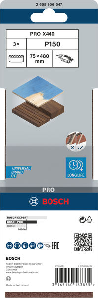 BOSCH PRO X440 Schleifband, 75 x 480 mm, G150, 3-tlg.