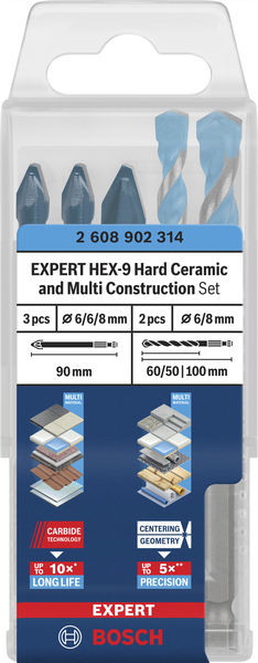 BOSCH EXPERT HEX-9 Hard Ceramic und HEX-9 Multi Construction Bohrer-Set, 6/8 mm, 5tlg. BOSCH EXPERT HEX-9 Hard Ceramic und HEX-9 Multi Construction Bohrer-Set, 6/8 mm, 5tlg.