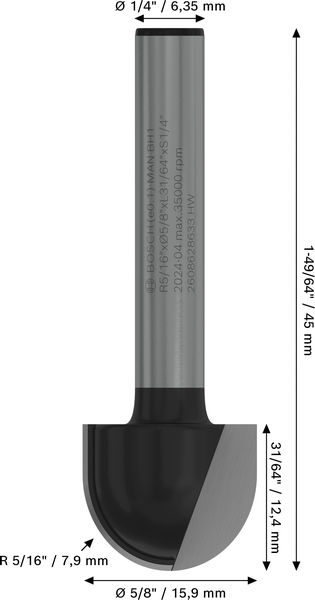 BOSCH PRO Hohlkehlfräser, R 5/16", Schaft 1/4"