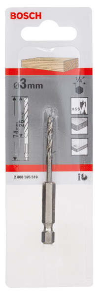 BOSCH Holzspiralbohrer mit 1/4-Zoll Sechskantschaft, 3 x 33 x 74 mm BOSCH Holzspiralbohrer mit 1/4-Zoll Sechskantschaft, 3 x 33 x 74 mm
