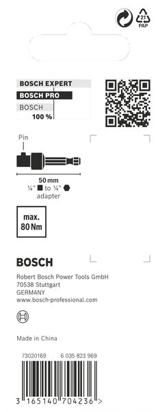 BOSCH PRO Socket Adapter mit Stiftverbindung, 1/4", 50 mm