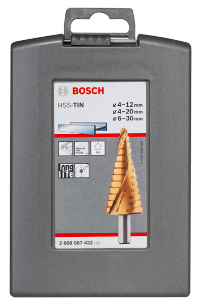 BOSCH HSS-TiN-Stufenbohrerset, 3-tlg., 4-12/4-20/6-30 BOSCH HSS-TiN-Stufenbohrerset, 3-tlg., 4-12/4-20/6-30