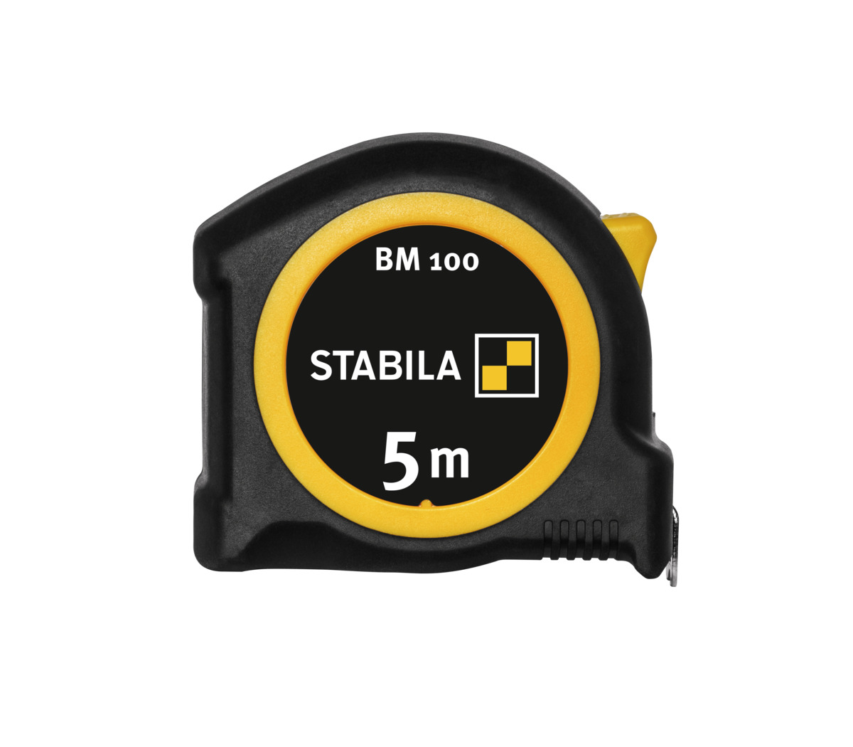 STABILA Taschenbandmaß BM 100, 5 m, Maßband mit metrischer 1000er-Skala, bruchsicheres ABS-Gehäuse, beweglicher Anfangshaken, Gürtel-Clip, MID-Genauigkeit